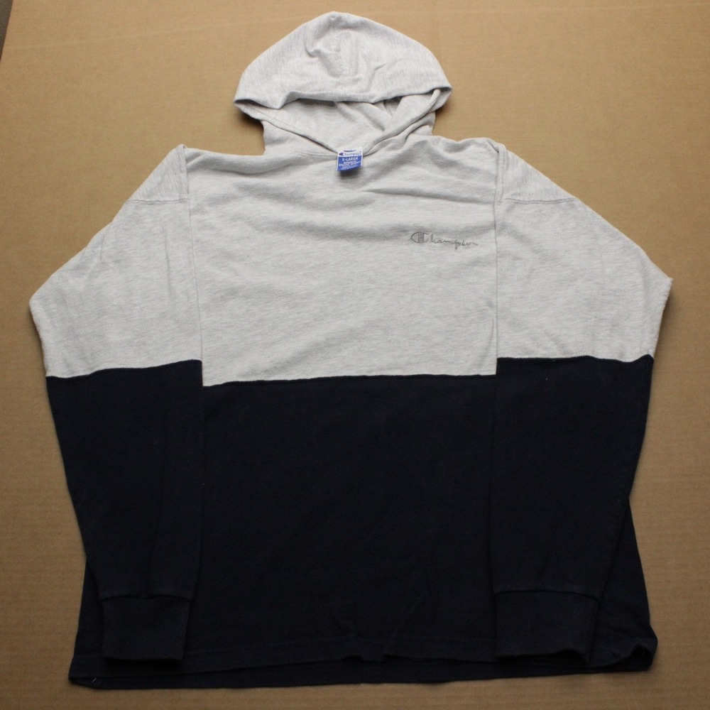 Vintage Champion Hoodie Mens Sz XL Gray Navy Colorblock Long Sleeve Made in USA
